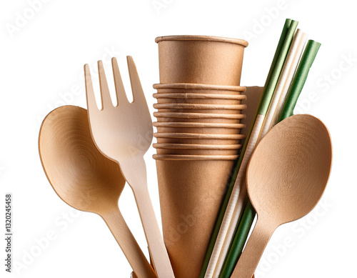 Stack of biodegradable utensils and paper straws, isolated on white background