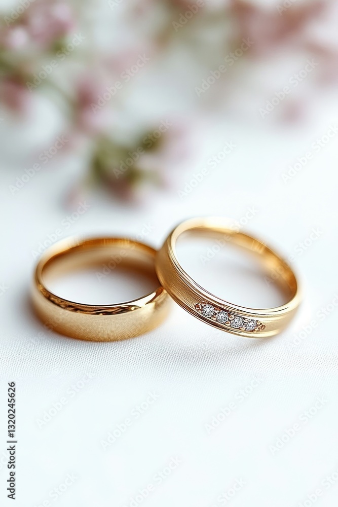 Elegant Gold Wedding Bands with White Flowers on Minimalistic Background Elegant Gold Wedding Bands with White Flowers on Minimalistic Background