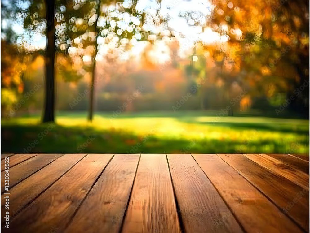 Autumnal Park Background: Wooden Deck Over Blurry Fall Foliage and Trees Autumnal Park Background: Wooden Deck Over Blurry Fall Foliage and Trees