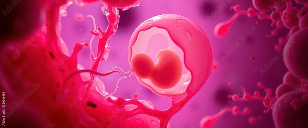 Microscopic view of sperm fertilizing ovum, early embryo development, implantation, healthcare