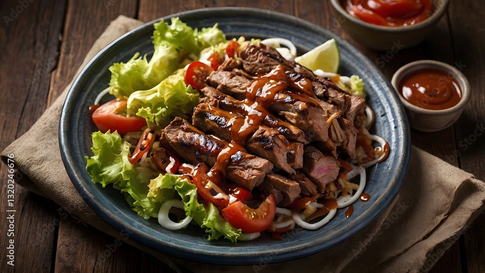 Delicious steak salad with fresh vegetables and homemade barbeque sauce Delicious steak salad with fresh vegetables and homemade barbeque sauce