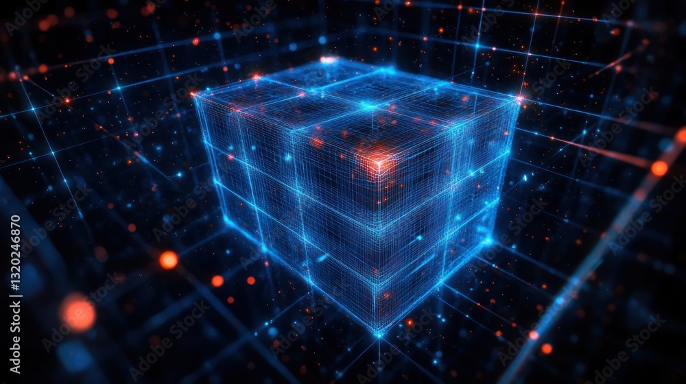 Futuristic Digital Data Transfer System with Glowing Blue Cube Grid and Neon Aesthetic in Deep Space Environment Futuristic Digital Data Transfer System with Glowing Blue Cube Grid and Neon Aesthetic in Deep Space Environment