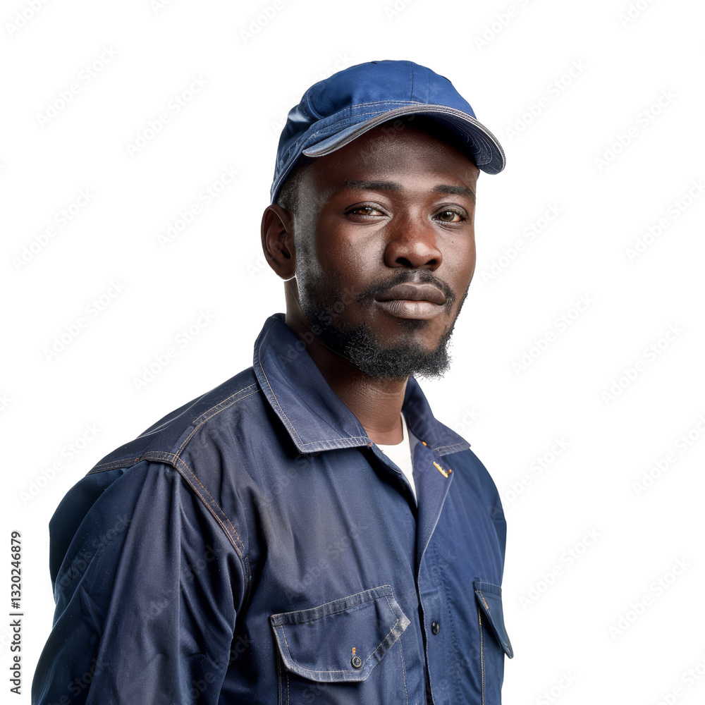 Confident Worker in Blue Uniform with Cap Posing for Professional Portrait Shot Confident Worker in Blue Uniform with Cap Posing for Professional Portrait Shot