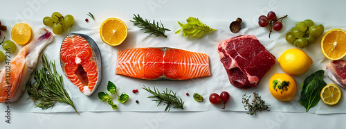 Fresh Food Feast: A vibrant display of fresh, colorful, and nutritious food items, meticulously arranged, showcasing an abundance of wholesome and delicious ingredients.