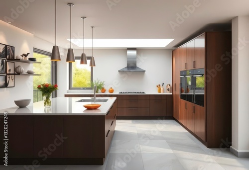 Modern kitchen extension with sleek cabinetry and island, island, windows