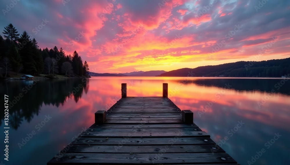 Old weathered dock at lakeside, breathtaking sunset hues , weathered, travel Old weathered dock at lakeside, breathtaking sunset hues , weathered, travel