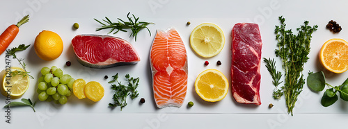 Culinary Composition: A visually captivating assortment of fresh produce and protein components, meticulously arranged to showcase the elegance of healthy cuisine.