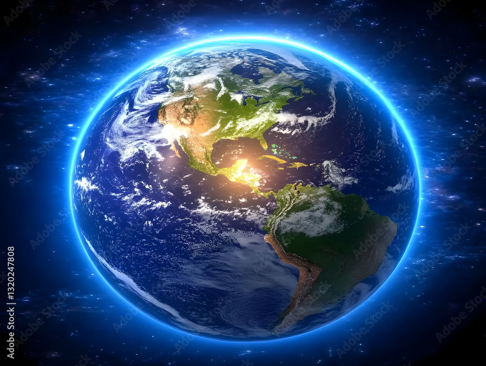 3D Render of Earth from Space, Showing North and South America, Glowing Blue Atmosphere, Realistic Planet Details, Cosmic Background