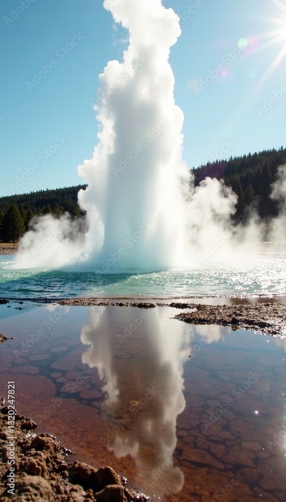 Obraz premium Steam rises from geyser reflecting in pristine pool , fantastic, magical, color