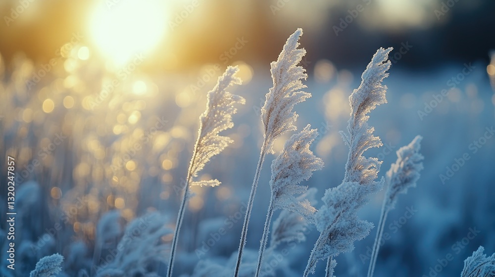 Fototapeta premium Sunlight shining on frosty reeds on a cold winter morning
