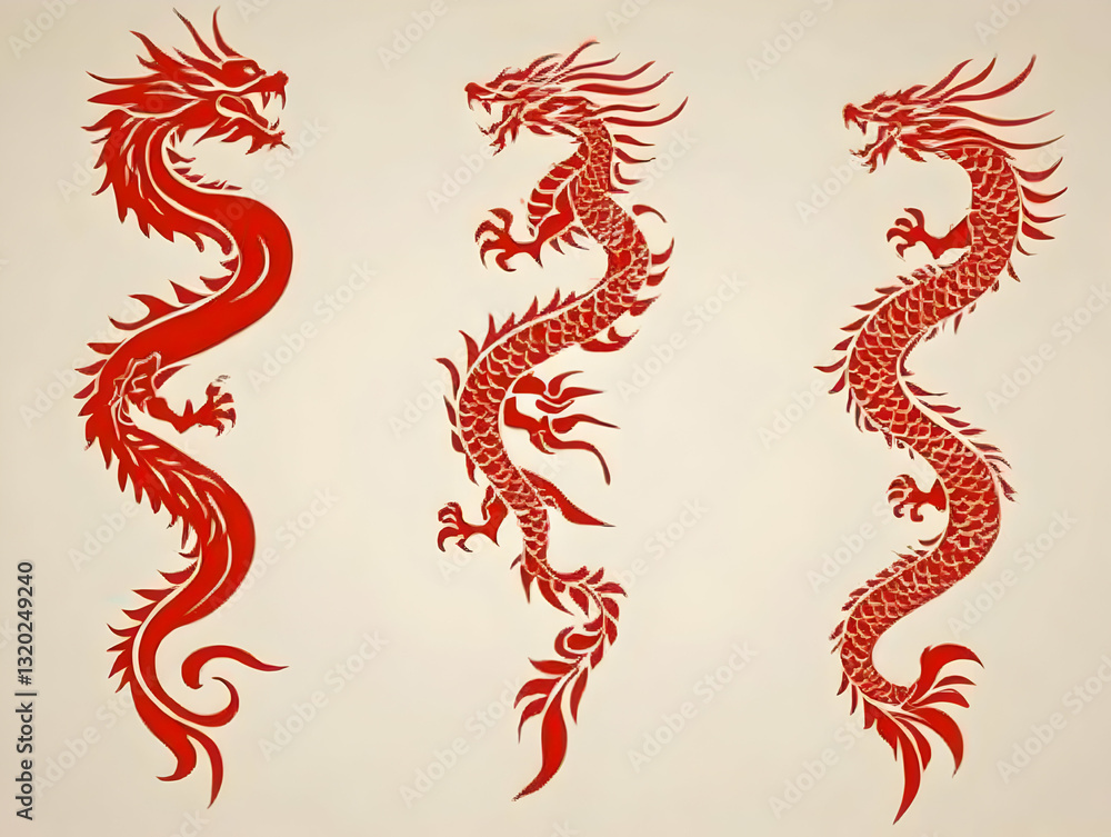 Fototapeta premium Three stylized red dragons ascend in elegant curves, forming a visually striking, artistic illustration perfect as a background image.