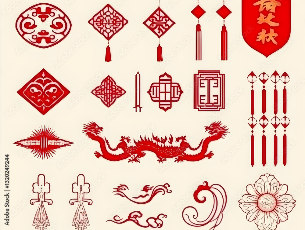 Collection of Red Chinese-Style Decorative Elements: Dragons, Knots, Flowers, and Auspicious Symbols Illustrated as a Design Background Collection of Red Chinese-Style Decorative Elements: Dragons, Knots, Flowers, and Auspicious Symbols Illustrated as a Design Background