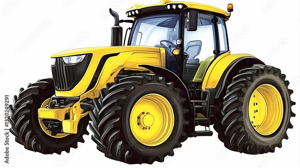 Obraz premium Digital illustration of a yellow farming tractor with large tires, detailed engine, and a modern cabin, showcasing agricultural machinery.