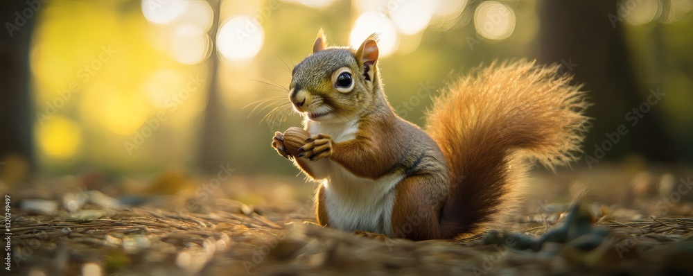 Fototapeta premium A small squirrel sitting in the forest holding a nut