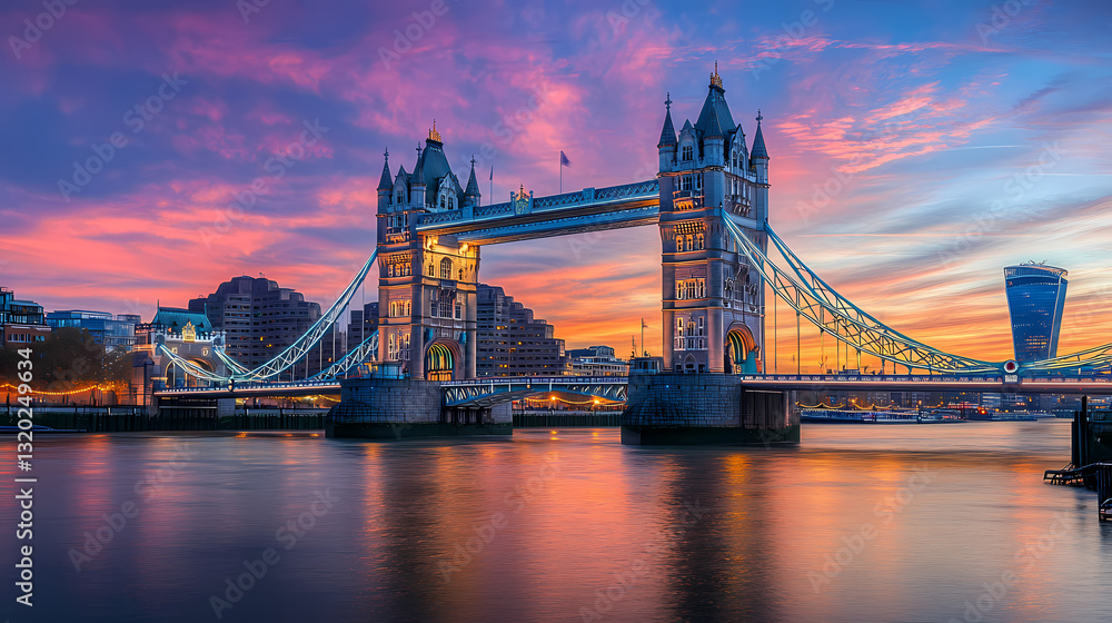 Obraz premium Iconic Tower Bridge at Sunset: A stunning photorealistic view of the iconic Tower Bridge, bathed in the vibrant colors of a breathtaking sunset reflecting on the tranquil water below.
