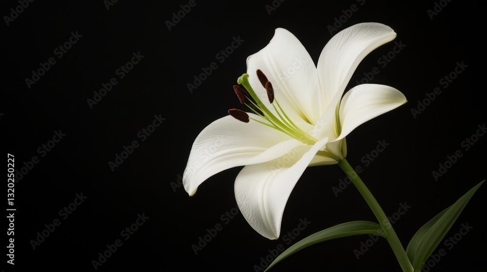 Fototapeta premium Elegant White Lily Blooming Gracefully with Delicate Petals and Rich Green Leaves Against a Dark Background Providing a Touch of Nature and Serenity