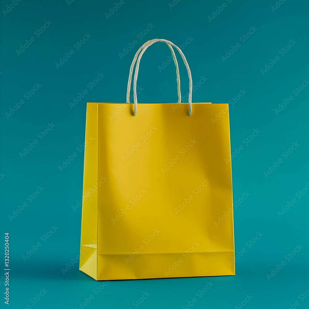 3D Render of a Yellow Shopping Bag on Teal Background, Ideal for Retail Branding and Mockup Designs. 3D Render of a Yellow Shopping Bag on Teal Background, Ideal for Retail Branding and Mockup Designs.