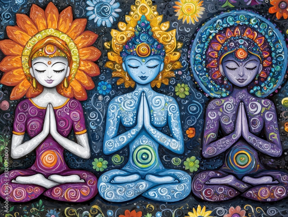 Obraz premium Three women in lotus position meditating amidst a colorful array of flowers in a serene setting