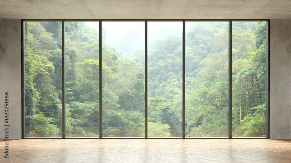 Fototapeta premium Serene 3D Rendering: Room with Large Window Overlooking Lush Green Forest Landscape, Peaceful Nature View.