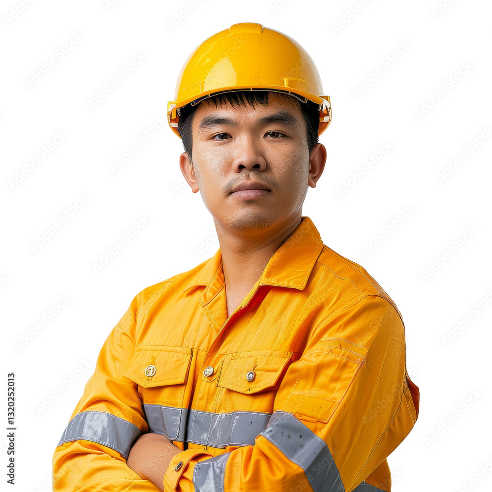 Young Construction Worker in Safety Gear with Yellow Helmet and Orange Uniform Young Construction Worker in Safety Gear with Yellow Helmet and Orange Uniform