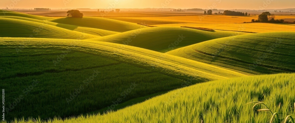 Obraz premium Rolling green hills, sun-drenched fields of wheat, distant trees, crops, rural