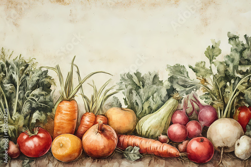 Autumn Harvest Watercolor: A vibrant watercolor painting showcasing an abundant harvest of fresh vegetables and fruits, including carrots, apples, beets, and leafy greens.