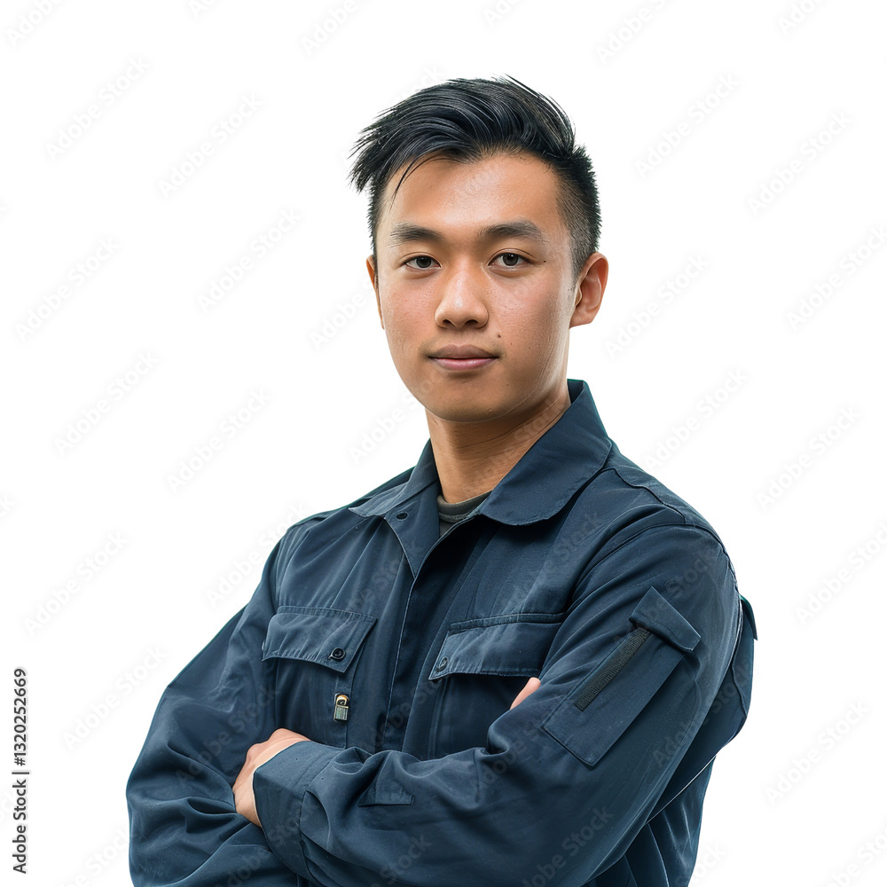 Young Asian Male Worker in Blue Uniform with Serious Expression, Isolated Portrait Young Asian Male Worker in Blue Uniform with Serious Expression, Isolated Portrait