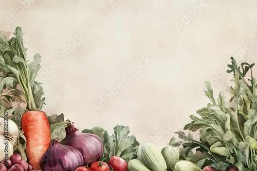 Fresh Harvest Vegetables: A vibrant watercolor painting of fresh vegetables, including carrots, onions, garlic, tomatoes, and cucumbers, arranged artfully with leafy greens.