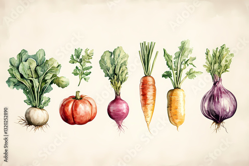 Harvest Bounty: A vibrant collection of garden-fresh vegetables, painted in watercolors, evoking the beauty of natural nourishment.