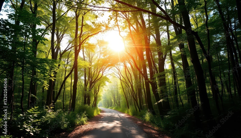Naklejka premium Serene forest path, dappled sunlight filtering through leaves, sunlight, ground
