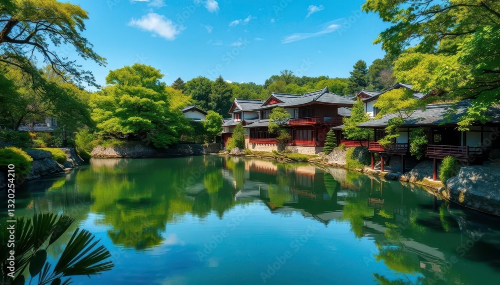 Serene Kyoto river scene, tranquil waters reflecting lush greenery, environment, stillness Serene Kyoto river scene, tranquil waters reflecting lush greenery, environment, stillness