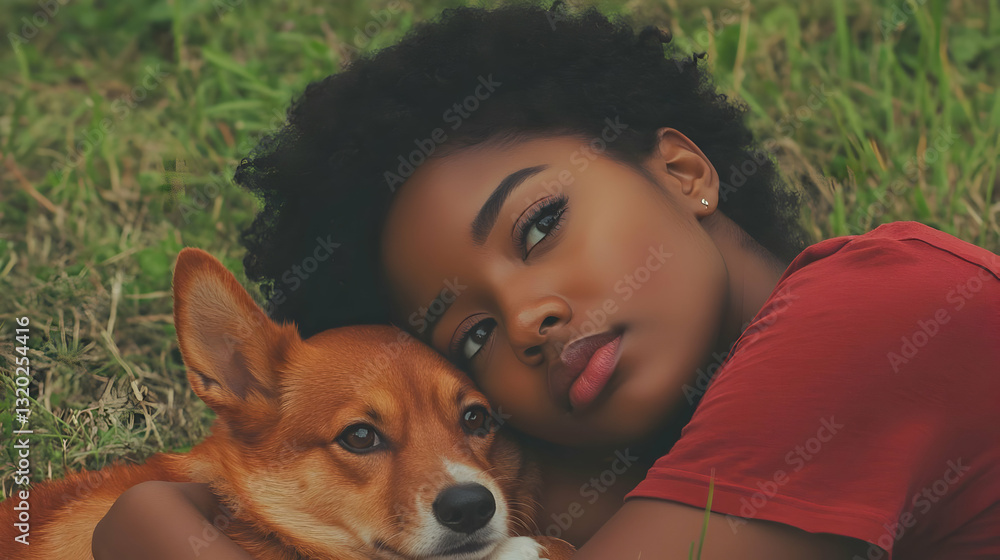 A Digital Painting of a Woman with an Afro Resting her Head on a Corgi Dog in Grass A Digital Painting of a Woman with an Afro Resting her Head on a Corgi Dog in Grass