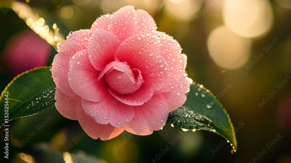 Pink camellia flower covered in morning dew generative ai Pink camellia flower covered in morning dew generative ai