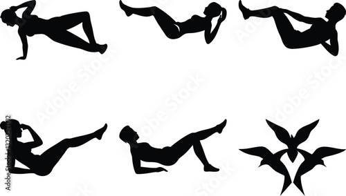 Silhouette Exercise Guide: Woman Doing Abdominal Workouts | Fitness, Core Strength Training, Bodyweight Exercises, Vector Illustration