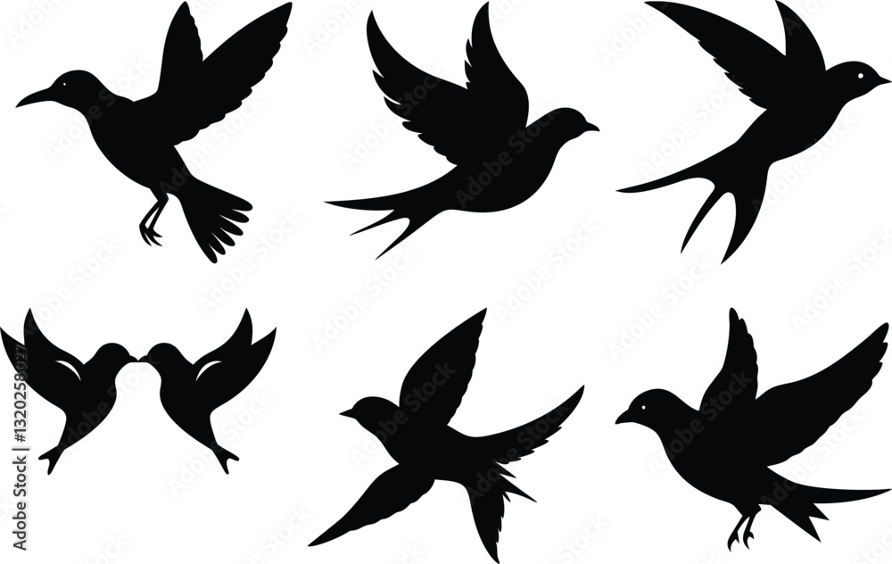 Obraz premium Silhouette Flying Birds Vector: Swallow, Hummingbird Graphic Design Element for Art, Tattoo, Wall Decor, and Creative Projects