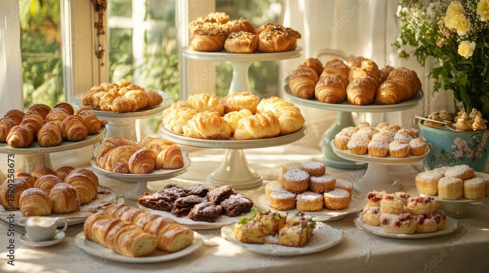 Assorted Delicious Baked Pastries on Display in Bright Natural Light with Beautiful Floral Arrangement Assorted Delicious Baked Pastries on Display in Bright Natural Light with Beautiful Floral Arrangement