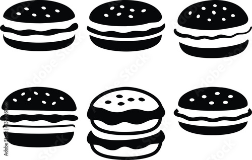 Black and White Burger Icons: Vector Set of Fast Food Cheeseburgers, Hamburger Graphics for Menu Design, Restaurant, and Food Illustrations