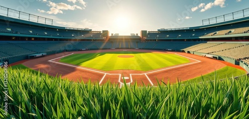Sun-drenched baseball diamond, lush green grass, HD quality, bright, bat