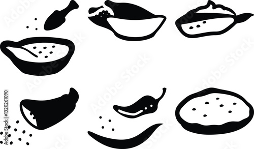 Black and White Clip Art Illustration of Food Ingredients: Spices, Chili Pepper, Lemon, and Bowl for Cooking or Recipe Design
