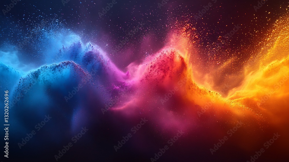Abstract high speed capture of Holi powder creating a rainbow like arc providing a stunning visual for backgrounds advertisements or festival branding Abstract high speed capture of Holi powder creating a rainbow like arc providing a stunning visual for backgrounds advertisements or festival branding