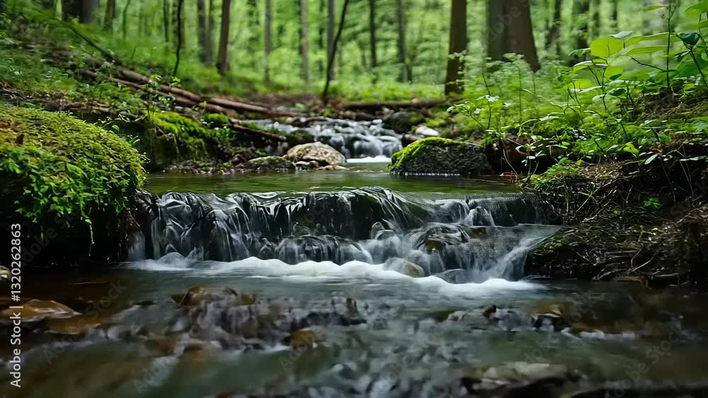 A serene forest stream flowing over rocks, surrounded by lush greenery and moss. A serene forest stream flowing over rocks, surrounded by lush greenery and moss.