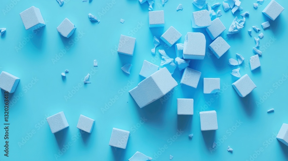 Exploding light blue cubes on a pastel blue background. Exploding light blue cubes on a pastel blue background.