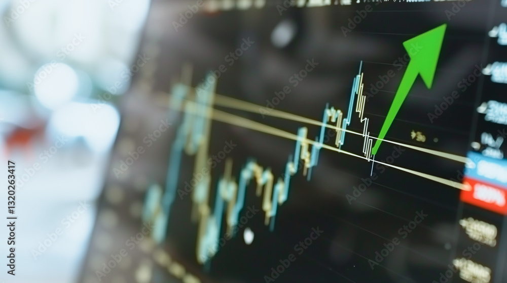 Obraz premium Uptrend: Financial charts displaying an upward trend with a green arrow, signifying growth and prosperity in the financial market.