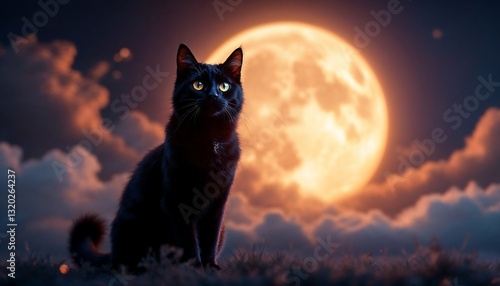 Black Cat Sitting Silhouetted Against a Large Glowing Moon