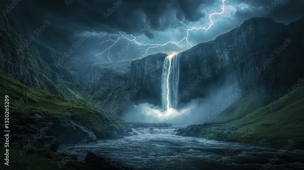 Obraz premium Dramatic waterfall under a stormy sky