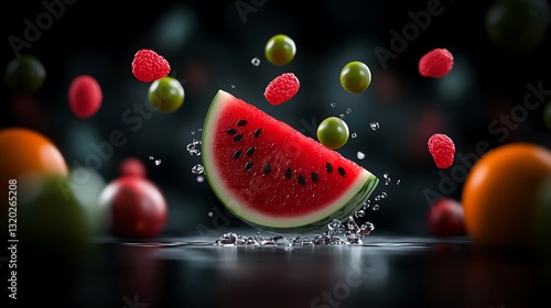 Vibrant watermelon slice surrounded by flying fruits and splashes of water in a dark setting
