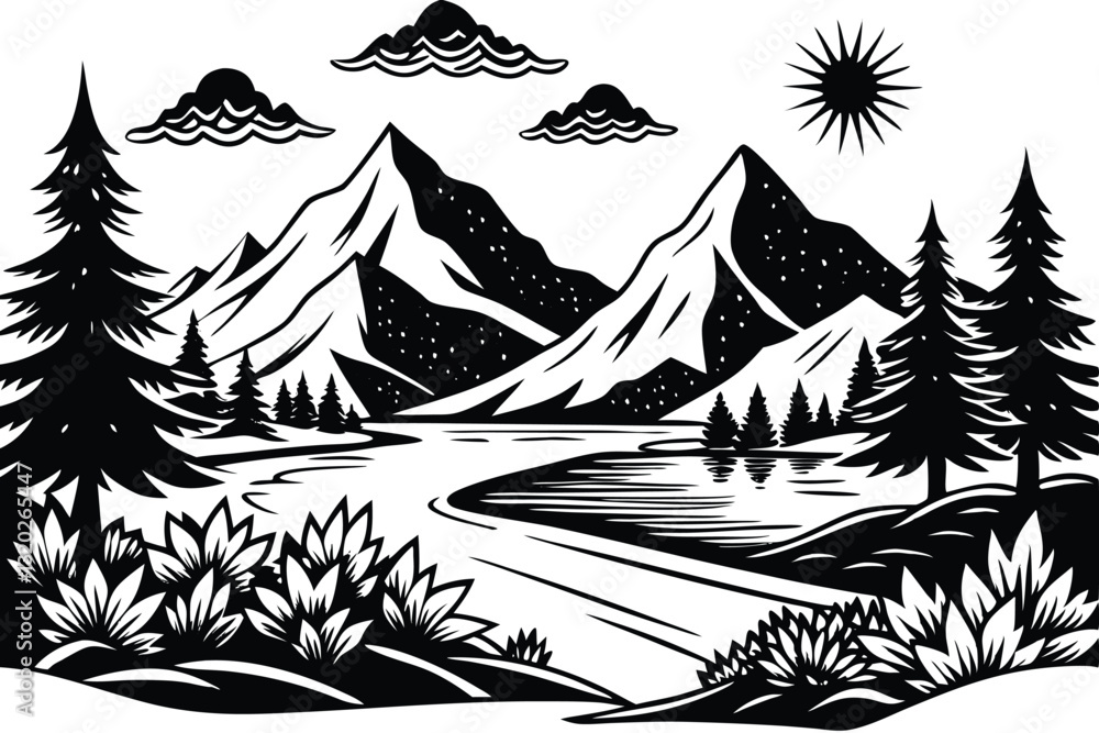 Black and white mountain landscape illustration with pine trees lake and dramatic peaks