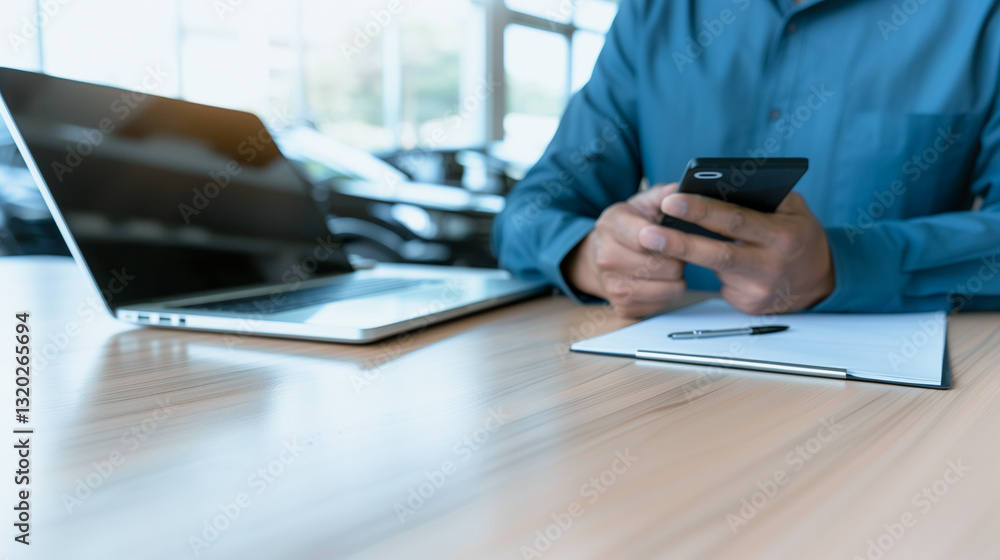 Modern Workspace: A person meticulously focused on their mobile phone, desk adorned with a laptop and notepad, capturing a moment of productivity in a contemporary office setting. Modern Workspace: A person meticulously focused on their mobile phone, desk adorned with a laptop and notepad, capturing a moment of productivity in a contemporary office setting.