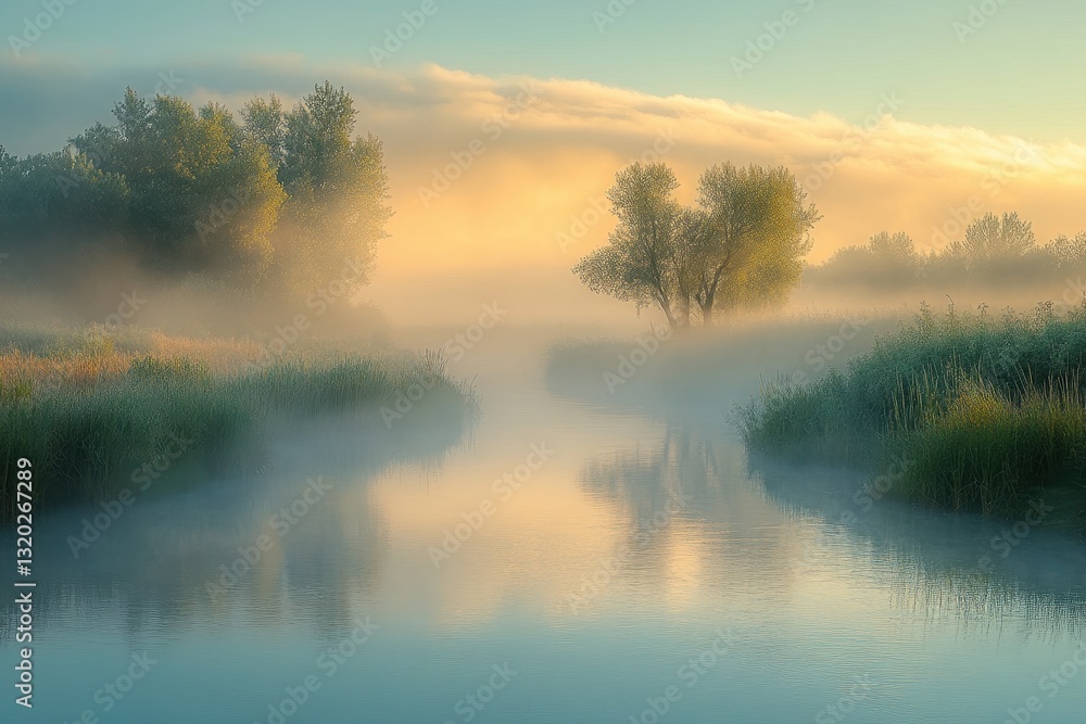 Fototapeta premium Serene Morning Mist over Calm Water with Lush Green Trees