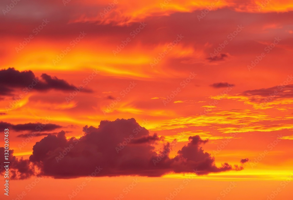 Fototapeta premium Vibrant sunset hues paint the twilight sky, clouds glowing with warm orange and deep purple tones, warm, nature